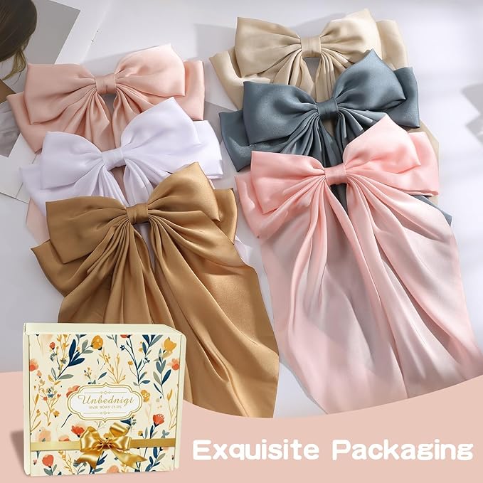 6 PCS Hair Bows for Women, Big Bow Hair Clips for Girls, Silky Satin Hair Bows Clips Oversized Long Tail, Large Hair Barrettes Cute Hair Accessories, Metal Bow Hair Clips khaki color