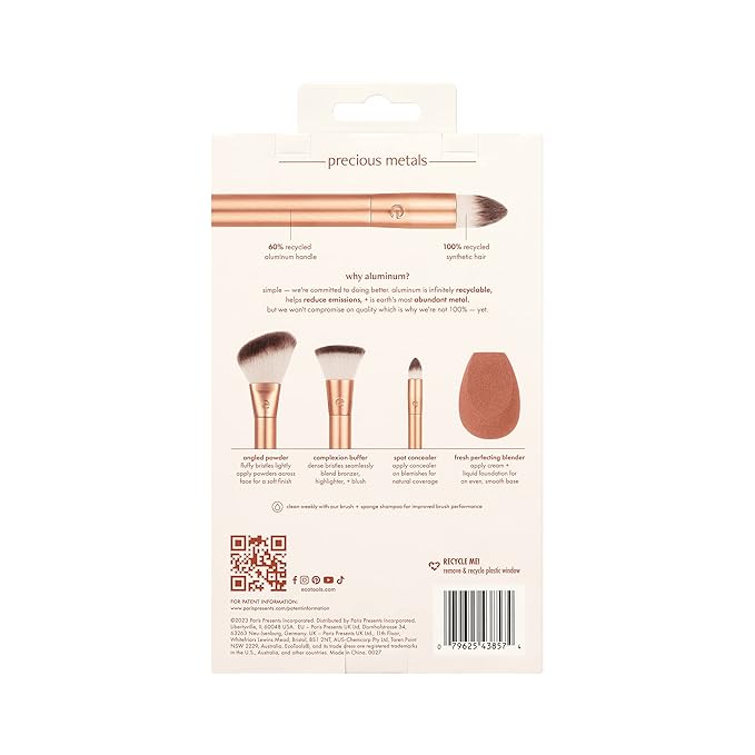 EcoTools Precious Metals Face Blend & Sculpt Set, Makeup Brush Set For Foundation, Concealer, & Powder, Makeup Sponge, Eco-Friendly, Recycled Aluminum, Chrome, Cruelty-Free, 4 Piece Set