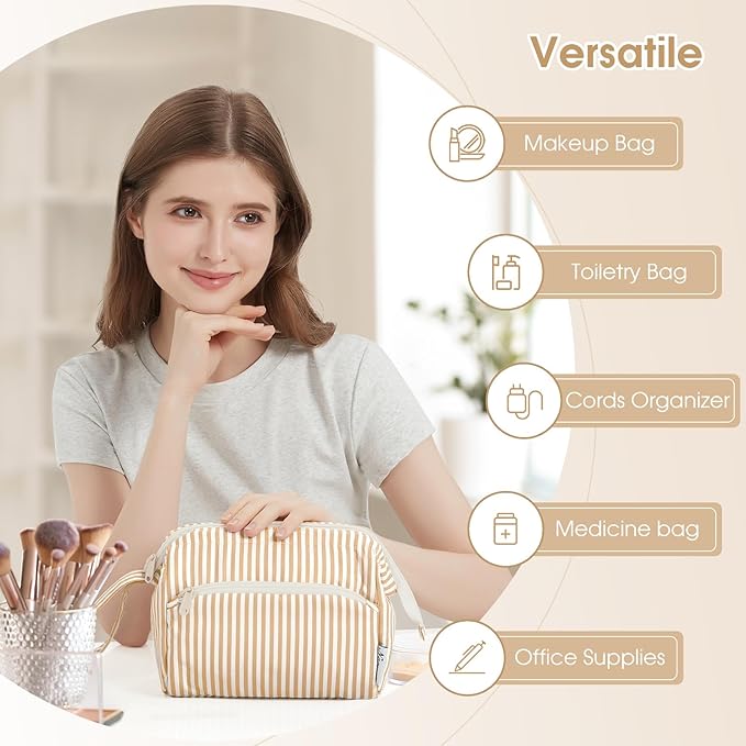 Narwey Striped Makeup Bag Women Wide-open Make up Bag Travel Cosmetic Bag Organizer Toiletry Bag for Cosmetics Toiletries Accessories (Brown Stripe)