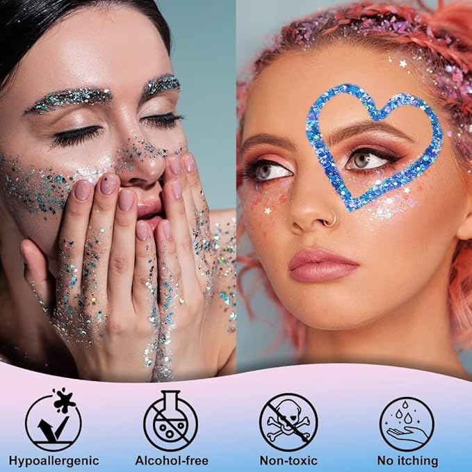 Body Glitter Gel,Blue Holographic Chunky Glitter for Face Hair Nails,Long Lasting Face Paint Glitter Music Festival Rave Accessories Makeup for Women Kids,50ml