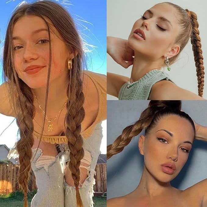 2Pcs Braided Ponytail Extensions with Hair Ties Light Brown Soft 16 Inch Synthetic Hair Pieces for Women Daily Wear Hair Accessories Styling Tools