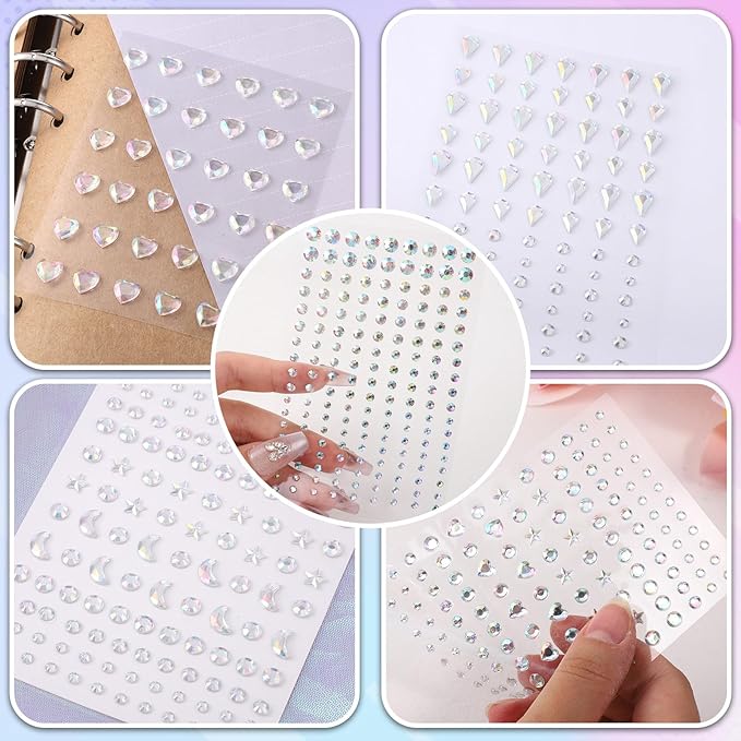 5 Sheets Face Gems Face Jewels Stickers, Self-Adhesive Rhinestones Stickers, 5 Types of Rainbow Art Gems Stick On for Face, Nail, Eyes, Body, Hair, Makeup, Festival Decorations, DIY Crafts