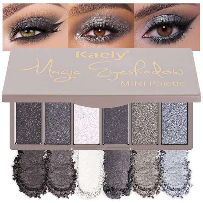 Kaely 6 Color Mini Black Smoky Eyeshadow Palette Makeup, Highly Pigmented Eye Shadow Palette Waterproof, Glitter Shimmer Eye Shadow Palette, paleta de sombras de ojos, Vegan & Cruelty-free, 02