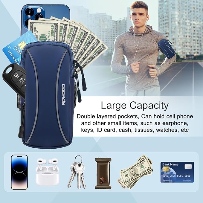 Arm Band for Phone for Running with Crossbody Strap,Running Phone Holder for iPhone 16 15 14 13 Pro Max Samsung Galaxy S24 S23,2 Pockets Lightweight Cell Phone Holder for Walking 7.2 Inch(Blue)