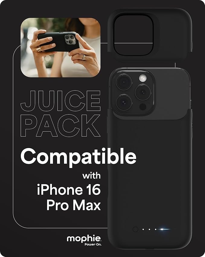 mophie Juice Pack Battery Case for iPhone 16 Pro Max - Slim Charging Case, Magnetic Back for Wallets & Mounts, +50% Extra Battery Life, Enhanced 6-Foot Drop Protection, Sustainable Material, Black