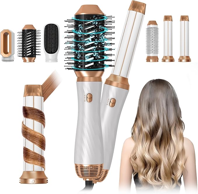 Hair Dryer Brush, 6 in 1 Upgrade Detachable Blow Dryer Air Styler Wrap Curler, Hot Air Brush Curly Twist Curling Iron, Travel Hair Styling Tool Negative Ion Blow Dryer Hot Styler