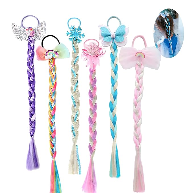 Ozzwolle 6 Pcs Girls Braid Hair Extensions Hairpieces, Colored Ponytail Extensions Rainbow Hair Pieces for Kids Little Girls