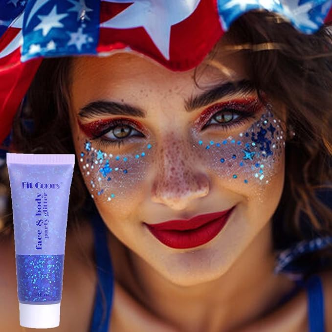 Blue Face Glitter Gel,4th of July Accessories,Mermaid Body Glitter Gel,Music Festival Rave Sequins Fourth of July Outfits for Women,Sparkling Hair Chunky Glitter Independent Day Makeup,50ML