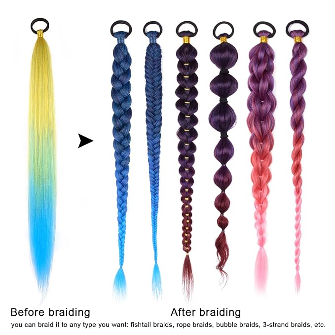 2 Pack Ponytail Extension with Elastic Tie Straight Sleek Wrap Around Braid Ponytail Yellow Blue Gradient 26 Inch (Yellow/Blue#)