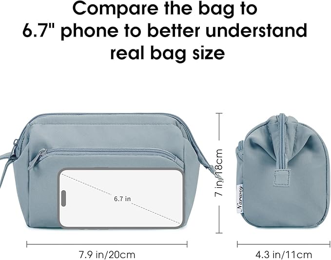 Narwey Wide-open Makeup Bag Women Make up Bag Travel Cosmetic Bag Organizer Toiletry Bag for Cosmetics Toiletries Accessories (Greyish Blue)