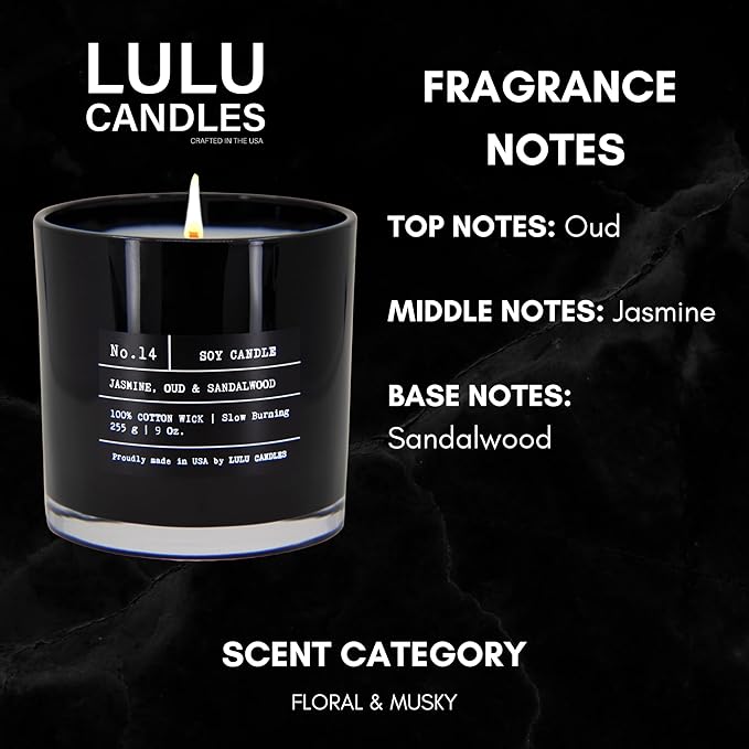 Lulu Candles | Jasmine, Oud & Sandalwood | Luxury Scented Soy Jar Candle | Hand Poured in The USA | Highly Scented & Long Lasting (9 Oz. 2 Pack)