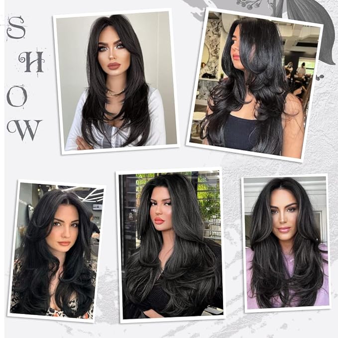 20 Inch Black Hair Extensions Straight Layered Clip in Hair Extensions for Women Synthetic Heat Resistant