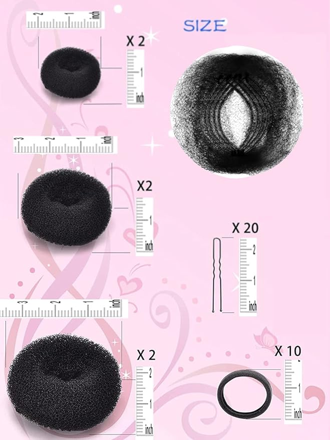 Hair Bun Maker, Hair Doughnut Shaper (6PCS, 3 Sizes: Large 3.5IN, Medium 3IN, Small 2IN, Black) - Hair Styling Accessories Kit Includes Elastic Bands, Bobby Pins, Invisible Hair Nets