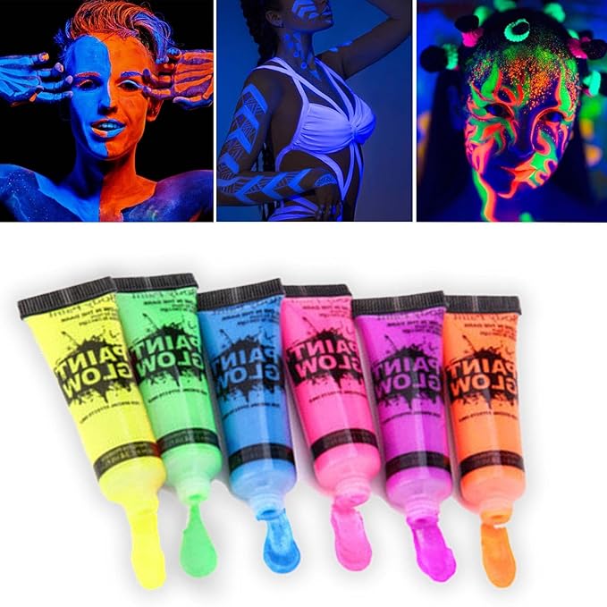 6 Pcs Glow in the Dark Body and Face Paint,Blacklight Neon Body Paints,Washable Quicker Dry Fluorescent Face & Body Makeup for Party Supplies