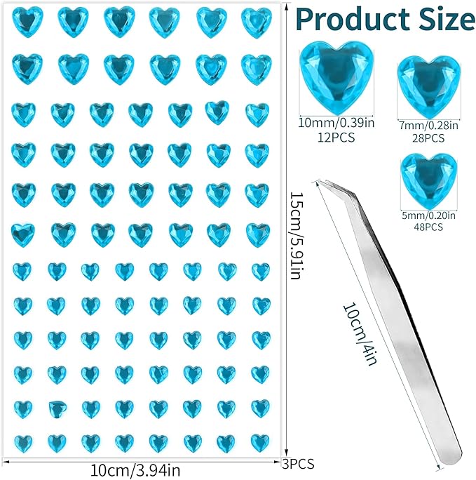 264Pcs Heart Face Gems Love Gems, Self-Adhesive Face Jewels Rhinestones 5/7/10 mm DIY Face Gems Stick on, Valentine Makeup Gems Rave Accessories for Face Eyes Hair Makeup Body, Crafts (Blue)