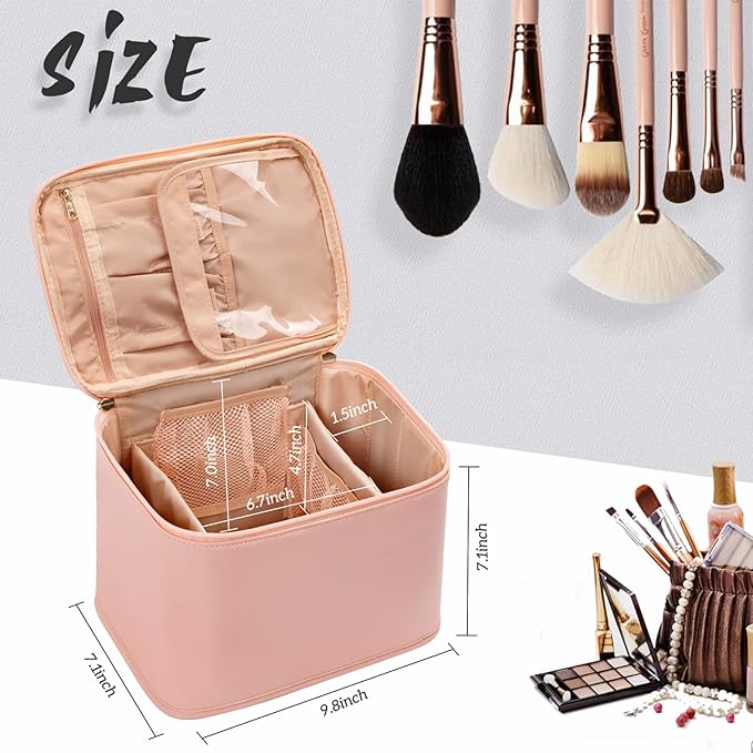 OCHEAL Makeup Bag, Portable Cosmetic Bag, Large Capacity Travel Case Organizer, Black Makeup Bags For Women Toiletry Bag for Girls Traveling With Handle and Divider-Pink