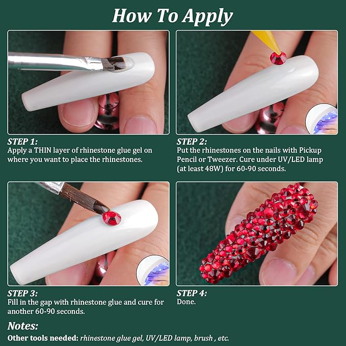 6 Sizes Red Glass Crystal Kit with Pickup Pen + Tweezer Tools for Shine Nail Art Manicure Makeup DIY Decoration Flatback Round Rhinestone Gem Jewelry Diamond
