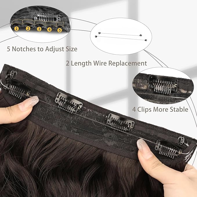 MORICA Invisible Wire Hair Extensions - 20 Inch Dark Brown Long Wavy Synthetic Hairpiece with Transparent Wire Adjustable Size, 4 Secure Clips for Women