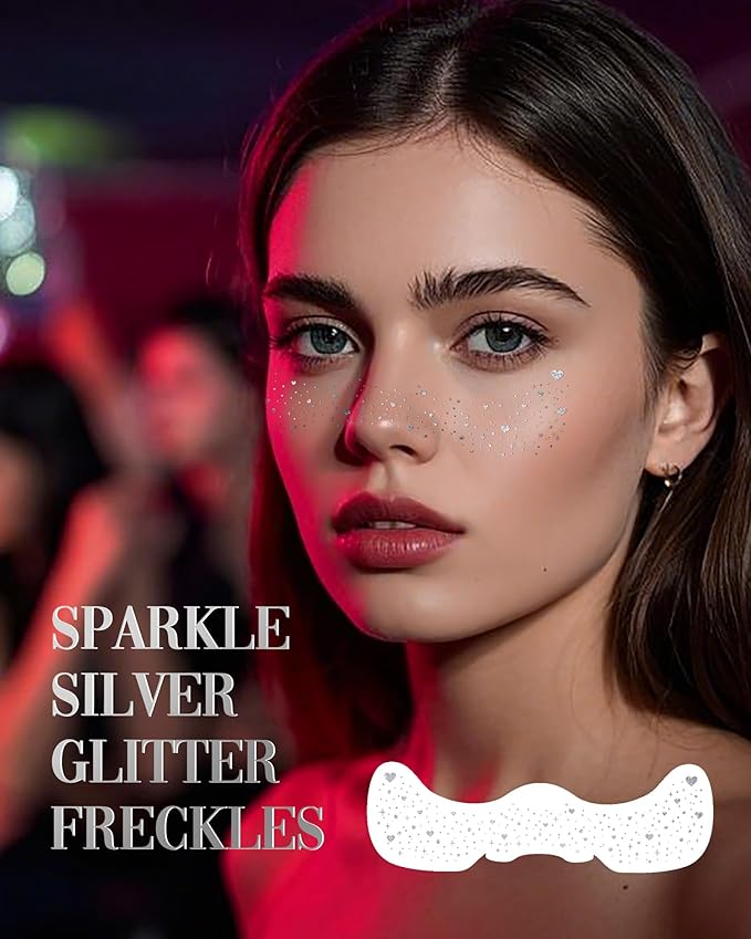 Glitter Freckles, Coachella Face Glitter for Kids Women Girls, Waterproof Glow Up Singer Concerts Festival Rave Accessories (Silver -Hearted)