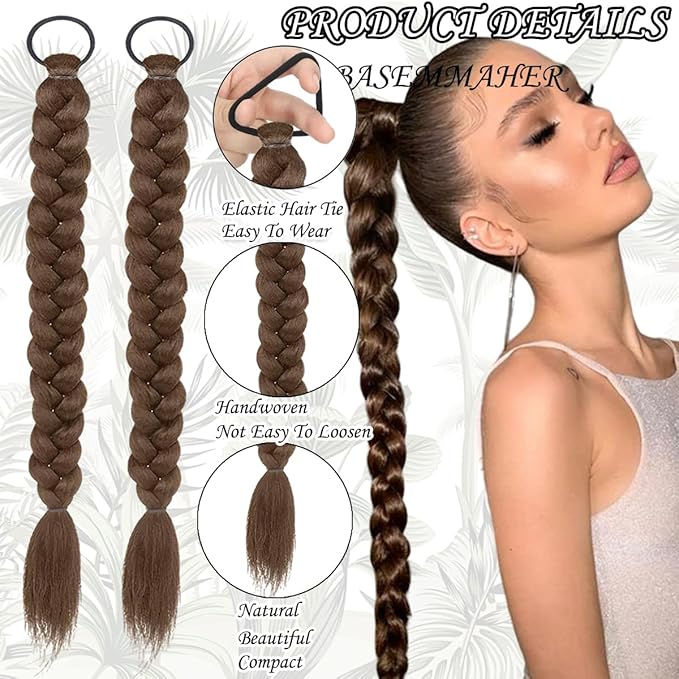 2Pcs Braided Ponytail Extensions with Hair Ties Soft Synthetic Hair Pieces Straight Wrap Around Hair Extensions Pony Tail Hairpieces Accessories for Women Daily Wear 16 Inch (Light Brown)