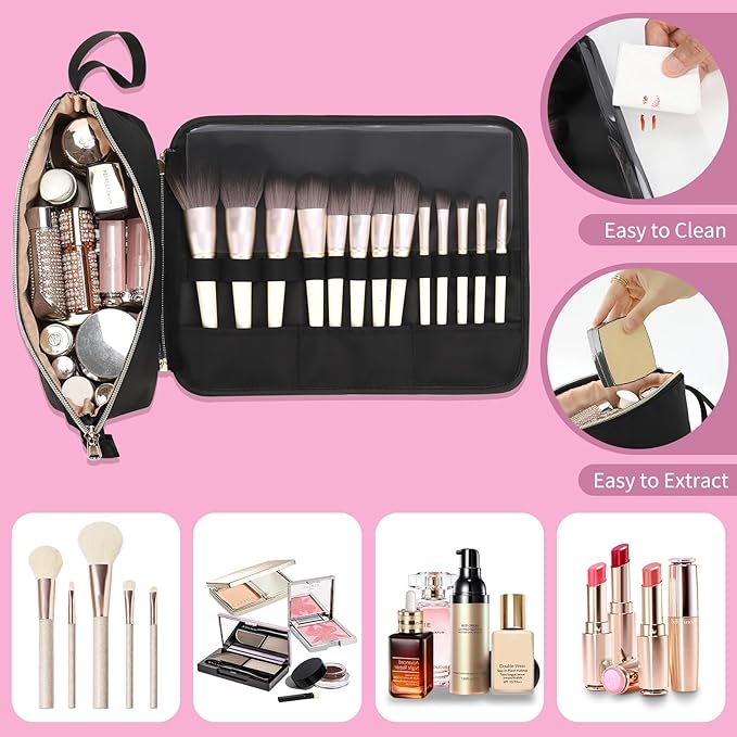 OCHEAL Makeup Brush Holder and Makeup Bag 2 in 1,Makeup Pouch with Brush Organizer,Travel Makeup Brushes Bag Cosmetic Bags for Women Portable Roll-up Makeup Case -Black