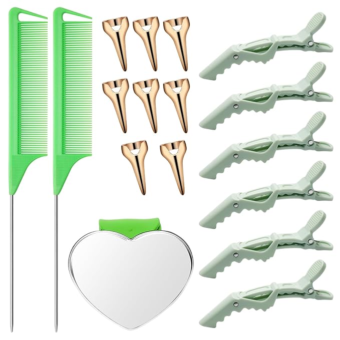 17 Pieces Hair Parting Tools Set Heart, Included 8P Hair Parting Ring 2P Metal Rat Tail Comb 6P Hair Sectioning Clip with 1P Magnetic Wrist Sewing Pin Holder for Braiding (Green)