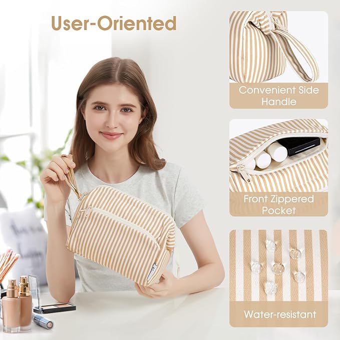 Narwey Striped Makeup Bag Women Wide-open Make up Bag Travel Cosmetic Bag Organizer Toiletry Bag for Cosmetics Toiletries Accessories (Brown Stripe)