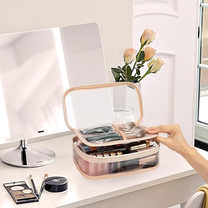 OCHEAL Clear Makeup Bag, Portable Makeup Storage Organizer Cosmetic Bag, Travel Makeup Bag Cute Clear Pouch For Women and Girls Cosmetics Bags with Divider Makeup Brush Compartment- Clear Beige