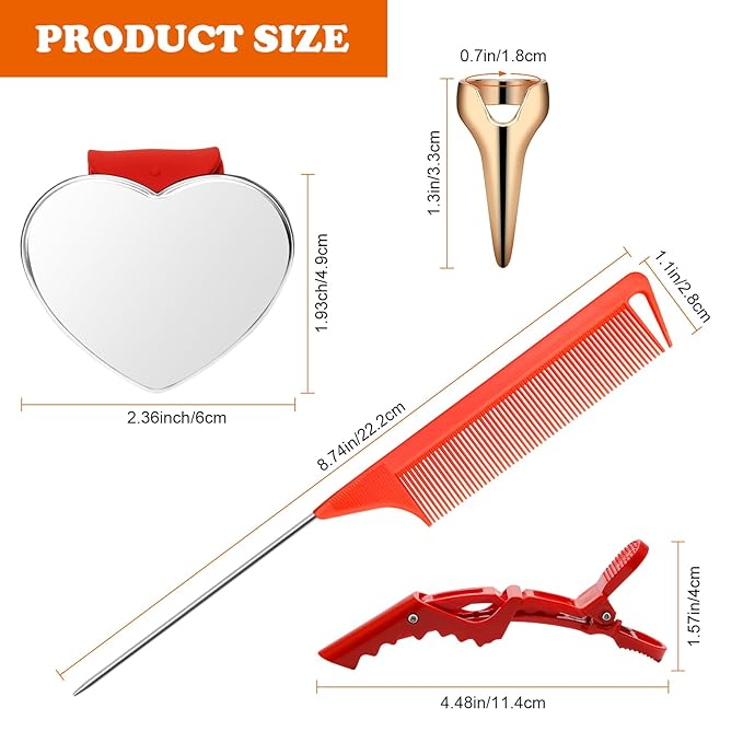 17 Pieces Red Hair Parting Tools Set Heart, Included 8P Hair Parting Ring 2P Metal Rat Tail Comb 6P Hair Sectioning Clip with 1P Magnetic Wrist Sewing Pin Holder for Braiding