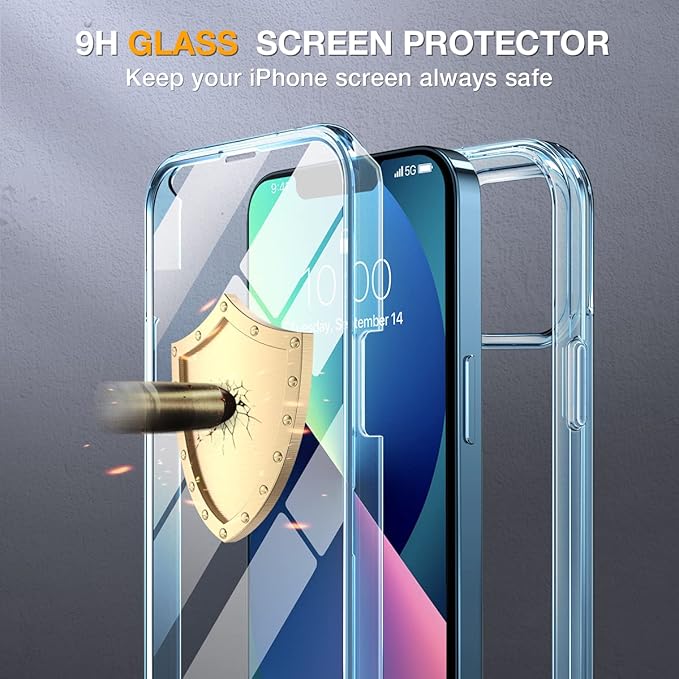 Miracase Glass iPhone 13 Case 6.1 inch, 2023 Upgrade Full-Body Clear Bumper Case with Built-in 9H Tempered Glass Screen Protector for iPhone 13,Clear Blue