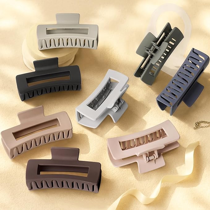 TOCESS 4.33 Inch Big Claw Clips 8 Pack, Matte Finish Large Neutral Color Hair Claw for Thick, Curly, Long, Wavy Hair, Non-slip Square Bulk Hair Clips for Women & Girls
