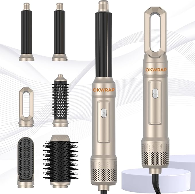 Blow Dryer Brush, 6 in 1 Auto Air Curling Iron Set 3 Temperature 1000W Powerful Negative Ionic Hair Dryer Brush Set with Thermal Brush, 60000RPM Hot Air Brush, Left&Right Curler Wand (Champagne Gold)