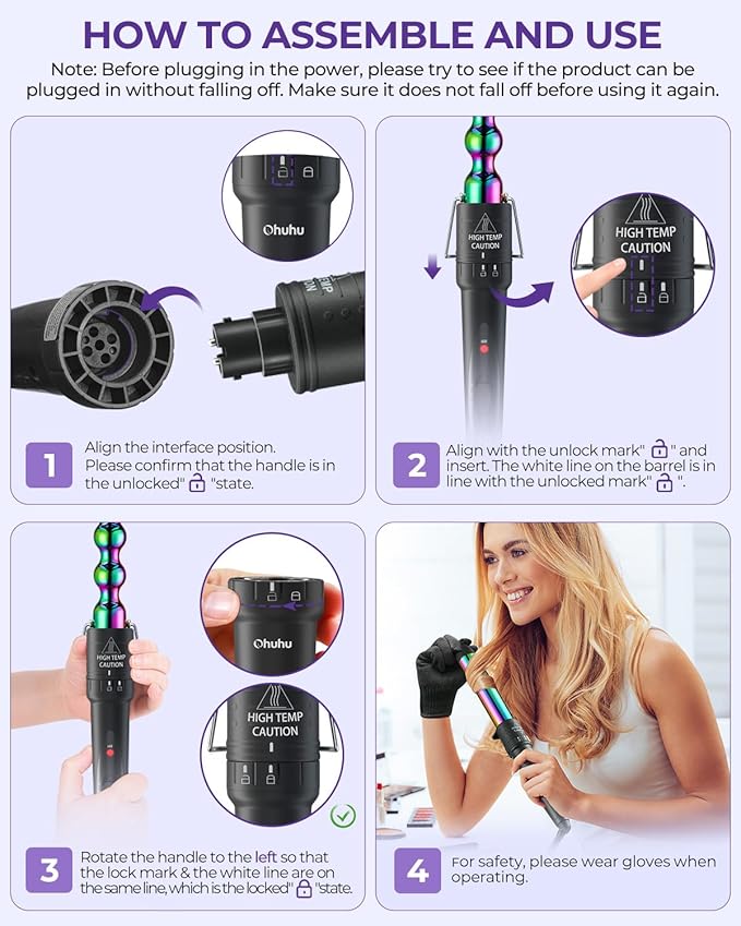 5 in 1 Curling Wand Set: Ohuhu Curling Iron Wand 5Pcs 0.35 to 1.25 Inch Interchangeable Ceramic Barrel Heat Protective Glove 2 Clips Dual Voltage Hair Curler for Girls Women Mother Gift Rainbow