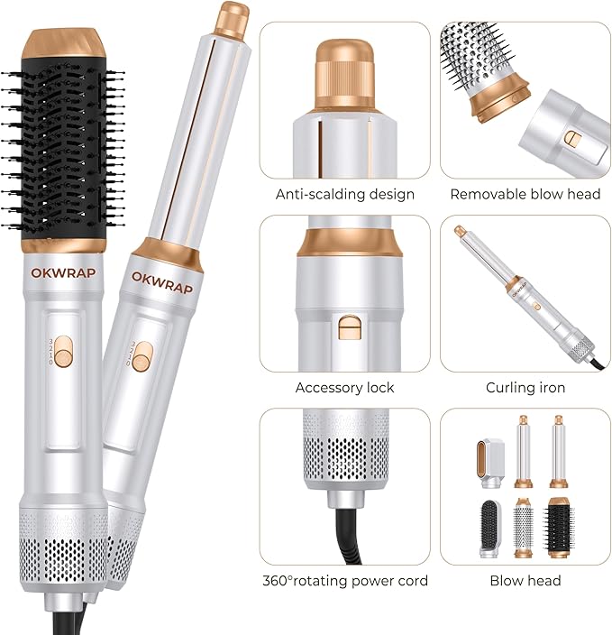 6 in ONE Blow Dryer Brush,Air Curling Iron Round Brush for Blow Out 1000W,Ionic Hair Dryer Brush for Women, Blowout Brush Air Styler Curler (Golden White)