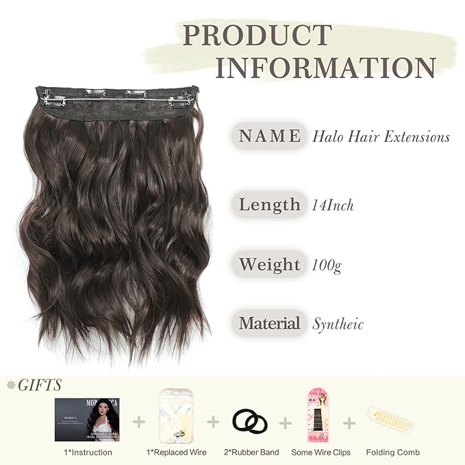 MORICA Invisible Wire Hair Extensions - 14 Inch Brown Black Long Wavy Synthetic Hairpiece with Transparent Wire Adjustable Size, 4 Secure Clips for Women(Brown Black,14Inch)