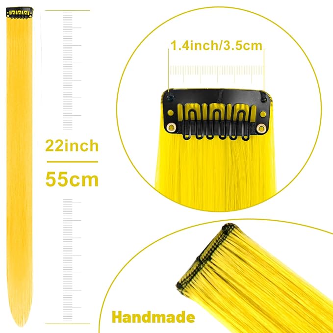 22 inch Colored Hair Extensions, Multi-colors Party Highlights Clip in Synthetic Hair Extensions, Color Party Highlights Hairpieces for Girls Women Cosplay Gift(10 PCS Yellow)