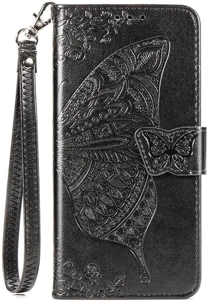 for Samsung Galaxy S25 Ultra Case Wallet PU Leather Credit Card Holder Full Body Cute Butterfly Design with Wrist Strap Soft TPU Bumper Full Body Protective Phone Case for Girls Women Black