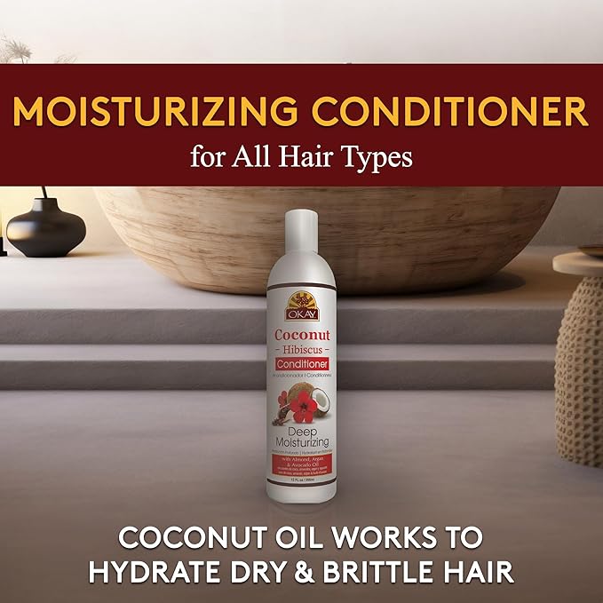 OKAY | Coconut Hibiscus Conditioner | For All Hair Types & Textures | Restore - Hydrate - Strengthen | With Almond, Argan & Avocado Oil | Free of Paraben, Silicone, Sulfate | 12. oz