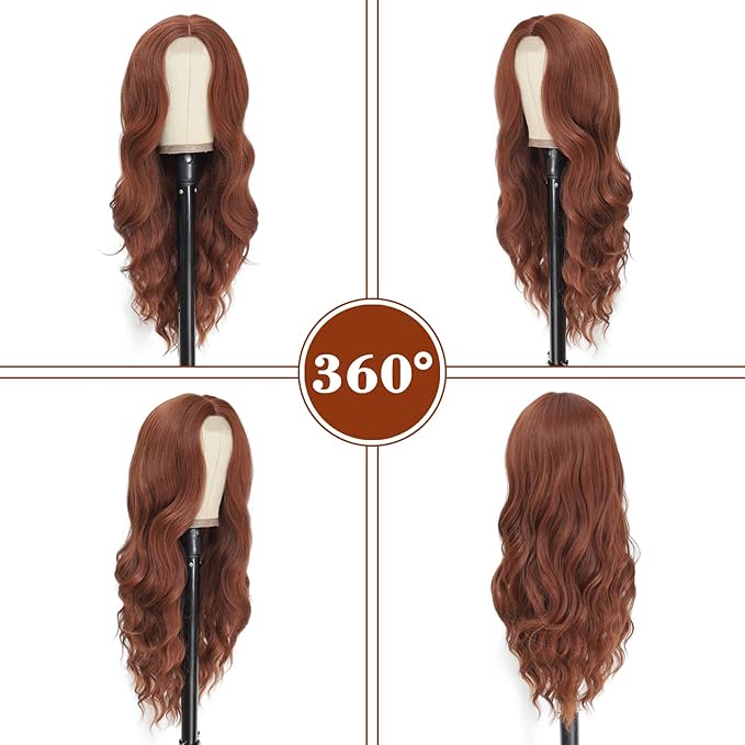 NAYOO Long Auburn Wavy Wig for Women 26 Inch Middle Part Curly Wavy Wig Natural Looking Synthetic Heat Resistant Fiber for Daily Party Use (Auburn)