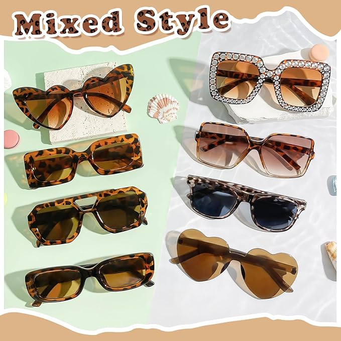 Pibupibu 8 Pack Pink Sunglasses for Women Collection Trendy Cute Costume Accessories Eyewear Set (Transparent/Solid/Mix)