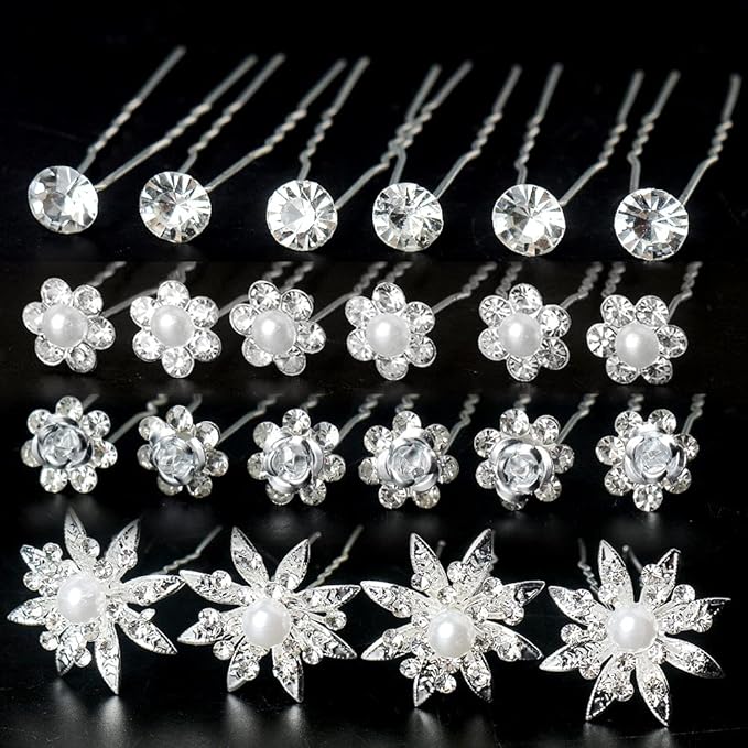 40 Pieces Bridal Hair Pins, Clips and Barrettes with Crystal Pearl Flowers, Women's Proms Hair Jewelry Accessories, Gift Stocking Stuffers for Girls