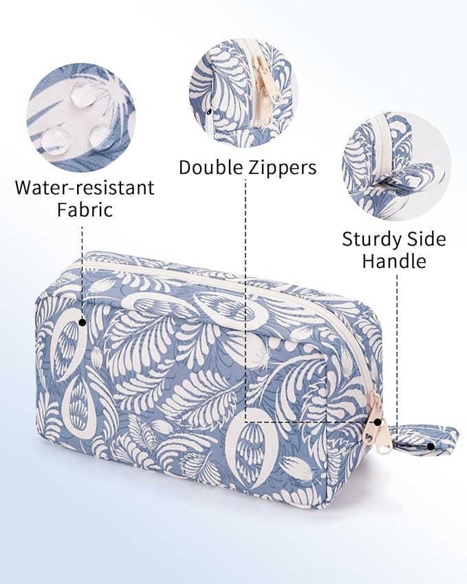 Narwey Cute Makeup Bag Small Toiletry Bag Travel Cosmetic Bag Organizer Make Up Bags with Organized Pockets for Women (Blue Leaf, Large)