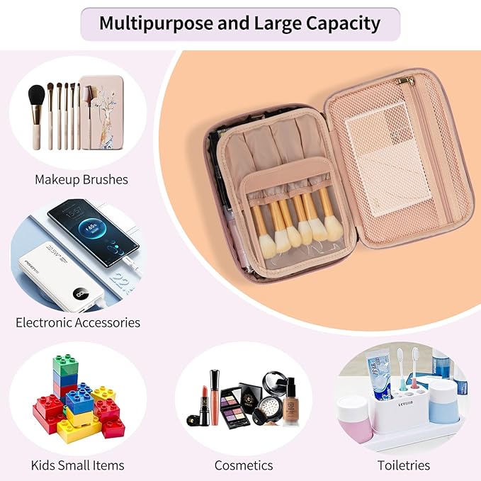 OCHEAL Makeup Bag, Cute Makeup Organizer Bag Make up Bag for Toiletry Cosmetics Accessories with Divider and Brushes Compartments, Makeup Travel Case Cosmetic Bags Women Girls -Nude Pink
