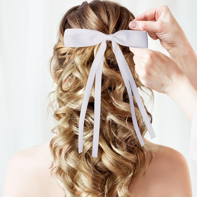 4 PCS Tassel Ribbon Bowknot Hair Clips With Long Tail for Women Girl Teens Kids, Solid Holder Fashion Bow Bowknot Hair Accessories Headwear Barrettes Claw(Blue&White)