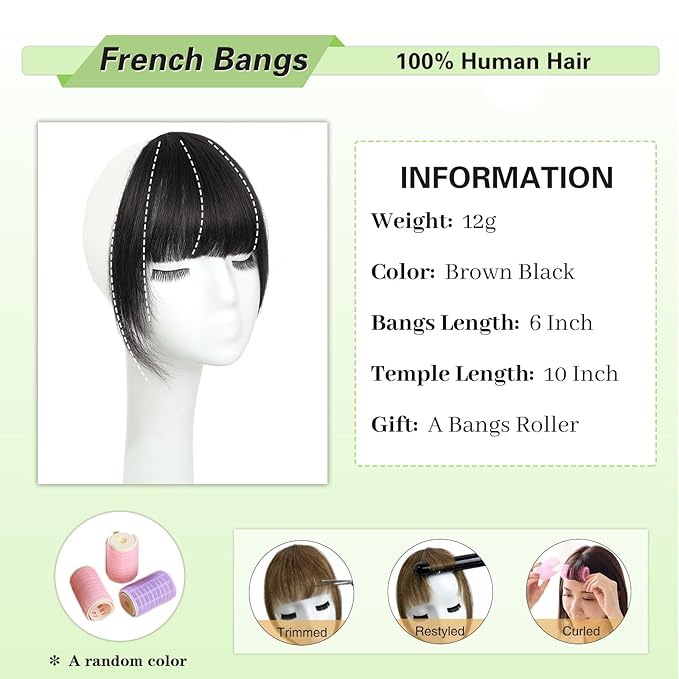 NAYOO Bangs Hair Clip - Brown Black Fake Bangs 100% Real Human Hair Extensions French Bangs for Women Fringe with Temples Hairpieces Curved Bangs for Daily Wear (Brown Black, French Bangs)