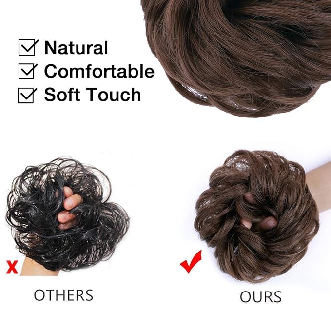 MORICA 2-Piece Messy Bun Hair Pieces - Synthetic Curly Wavy Chignon Ponytail, Scrunchies for Thin Hair - Medium Brown