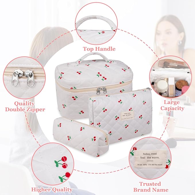 3PC Makeup Bag Set, Quilted Makeup Bag, Large Floral Cosmetic Bag for Women, Cute Cotton Makeup Bags, Flower Travel Toiletry Organizer Bag (Large Cherry)