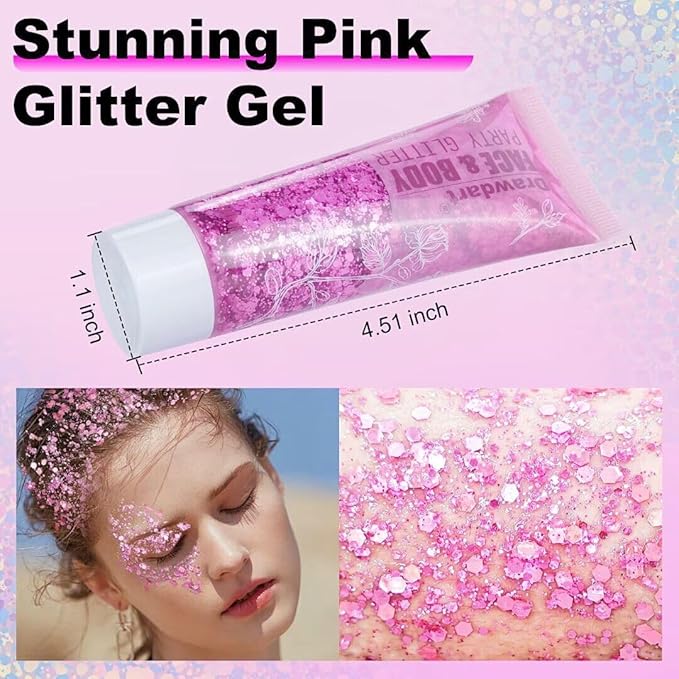 Pink Body Glitter Gel,Singer Concerts Lover Heart Face Glitter Gel,Face Body Chunky Glitter Makeup for Festivals,Raves,Anime Cosplay - Safe for Face 50ml