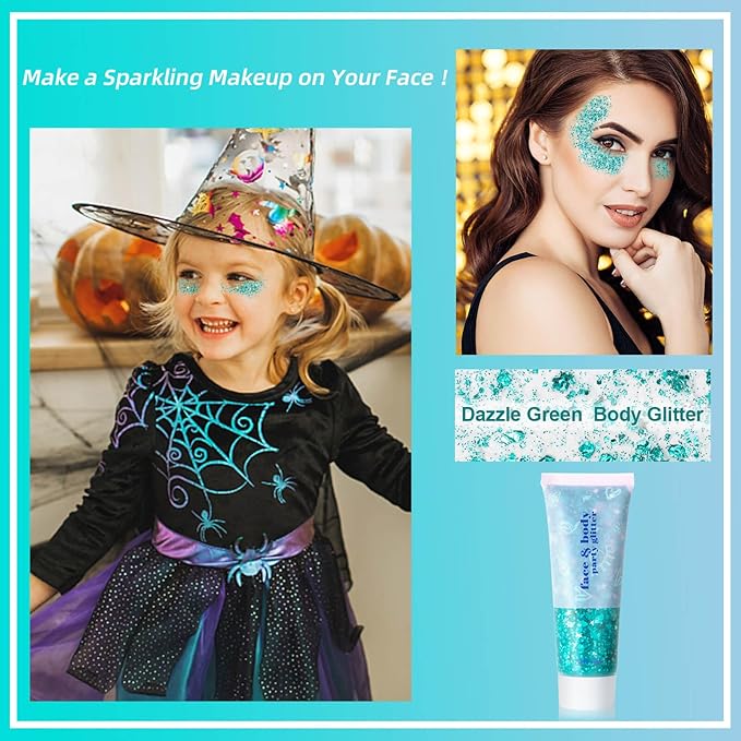 MEICOLY Teal Body Glitter, Mermaid Face Glitter Gel for Halloween, Paint, Dazzle Green Chunky Glitter for Body Eye Lip Hair, Sparkling Holographic Gel Makeup for Women and Kids