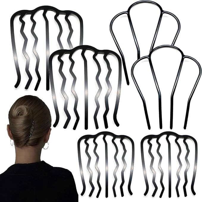 6 PCS Metal Hair Side Combs Pins Fork Clip Teeth Stick for Updo Bun, U Shape Hair Accessories for Vintage Hairstyle, Matte Black for Thick Hair